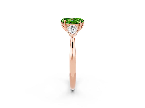 Rose gold Three-Stone Oval Cut Cut Diamond Ring with Pear Side Stones in Four-Prong Setting