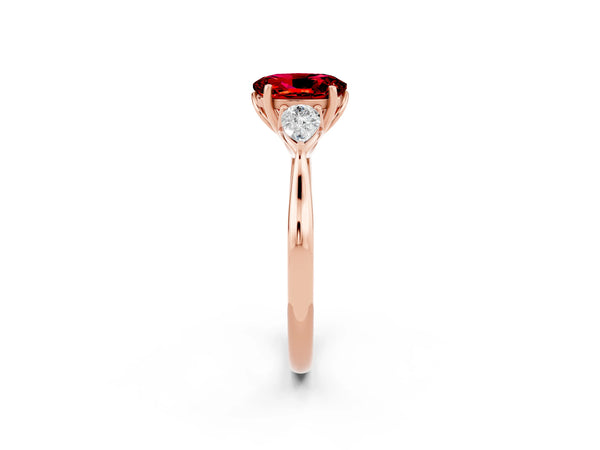 Rose gold Three-Stone Oval Cut Cut Diamond Ring with Pear Side Stones in Four-Prong Setting
