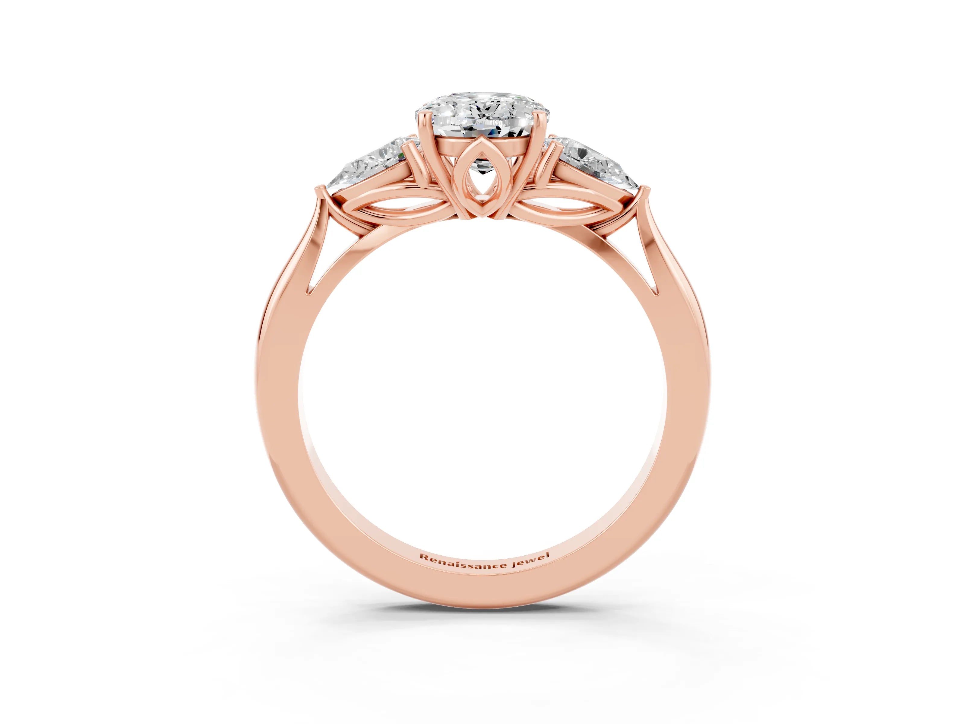 Rose gold Three-Stone Oval Cut Cut Diamond Ring with Pear Side Stones in Four-Prong Setting_3