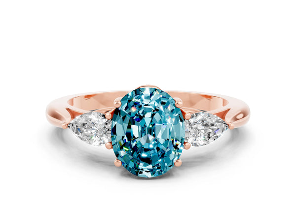 Rose gold Three-Stone Oval Cut Cut Diamond Ring with Pear Side Stones in Four-Prong Setting