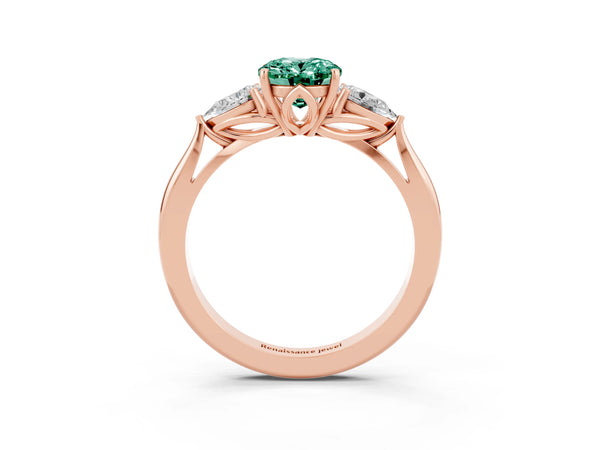 Rose gold Three-Stone Oval Cut Green Sapphire Ring with Pear  Side Stones in Four-Prong Setting