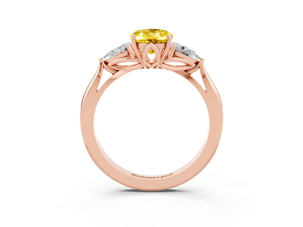 Rose gold Three-Stone Oval Cut Yellow Sapphire Ring with Pear  Side Stones in Four-Prong Setting