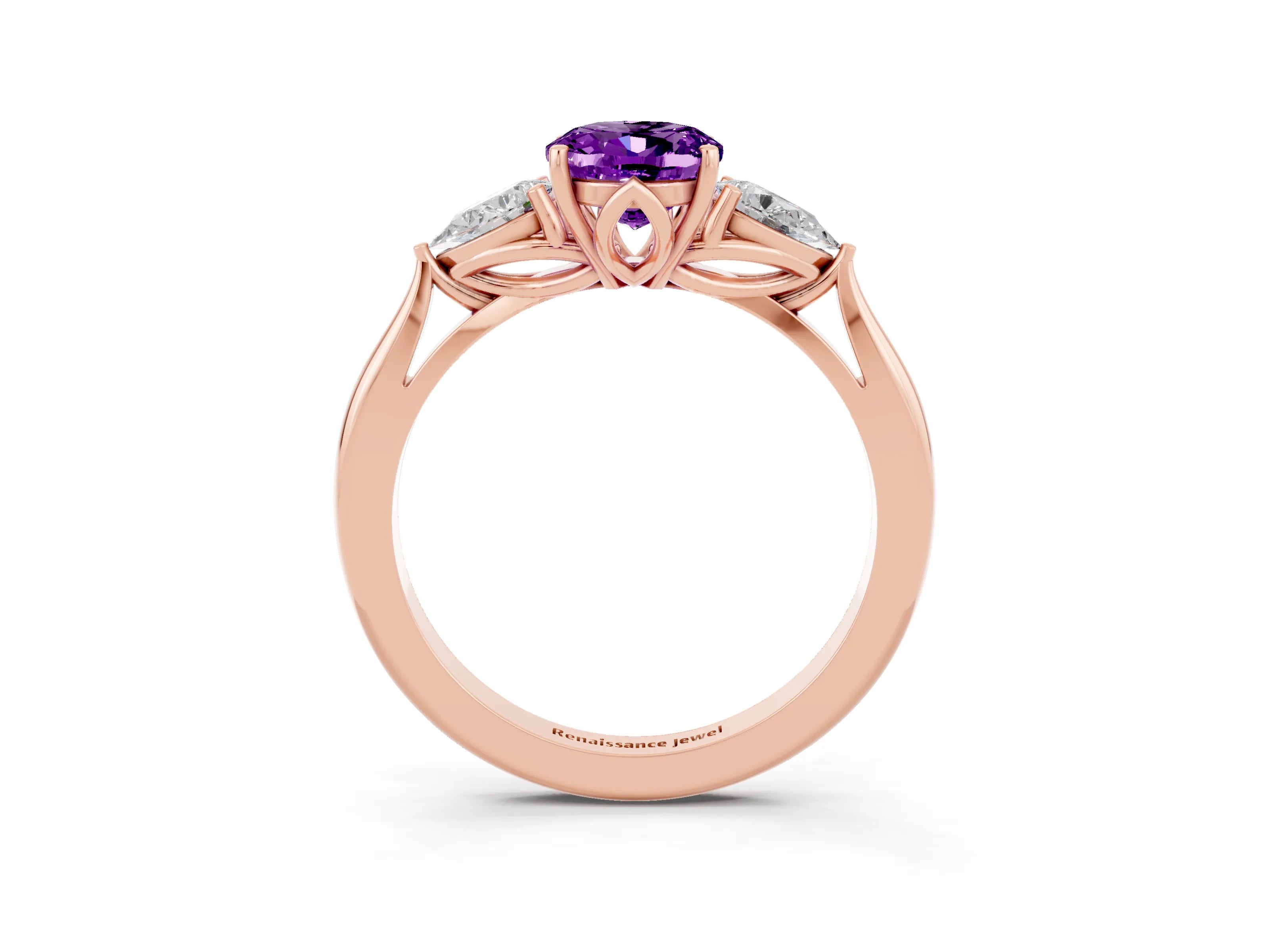 Rose gold Three-Stone Oval Cut Cut Diamond Ring with Pear Side Stones in Four-Prong Setting_3