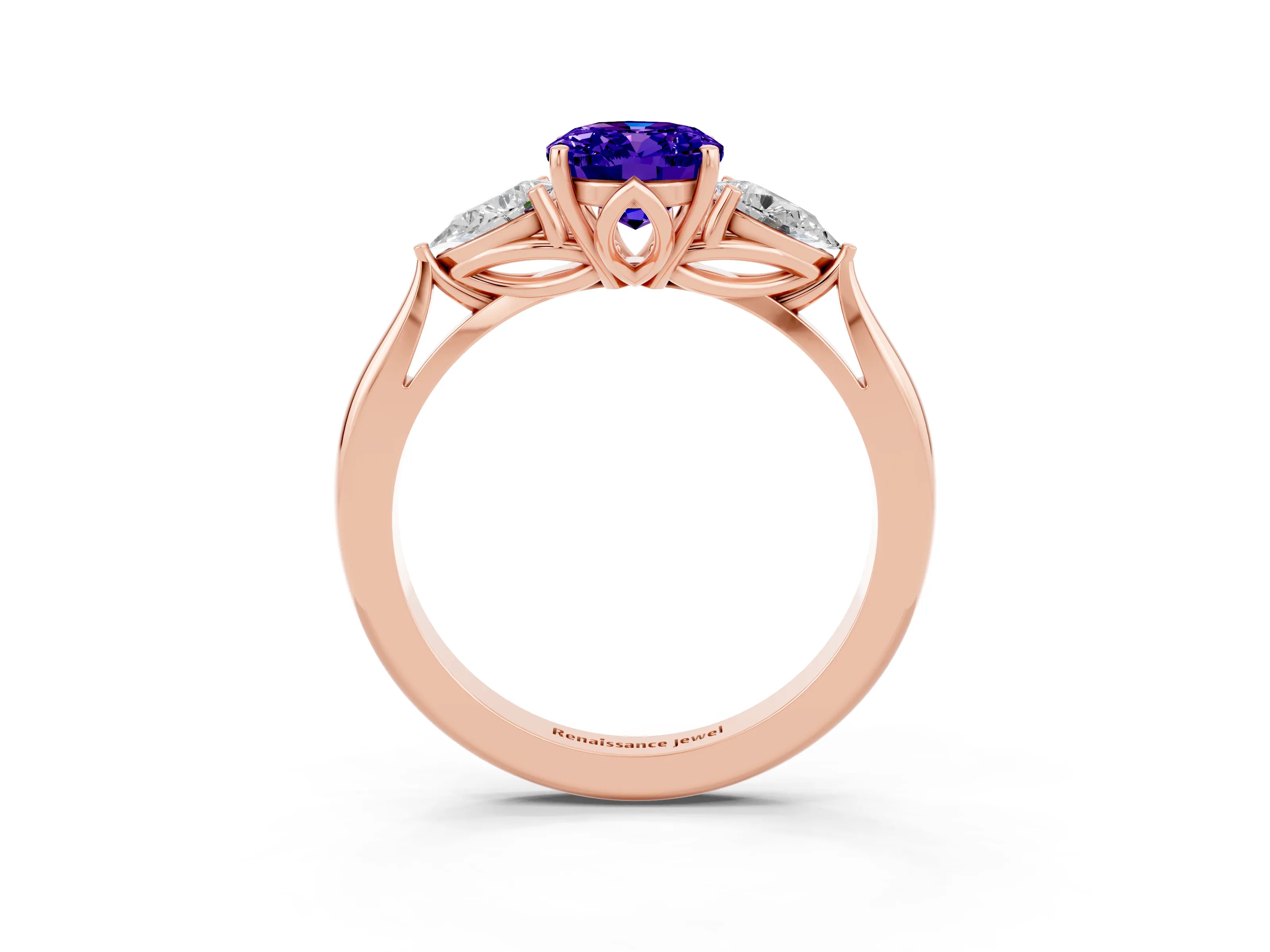 Rose gold Three-Stone Oval Cut Cut Diamond Ring with Pear Side Stones in Four-Prong Setting_3