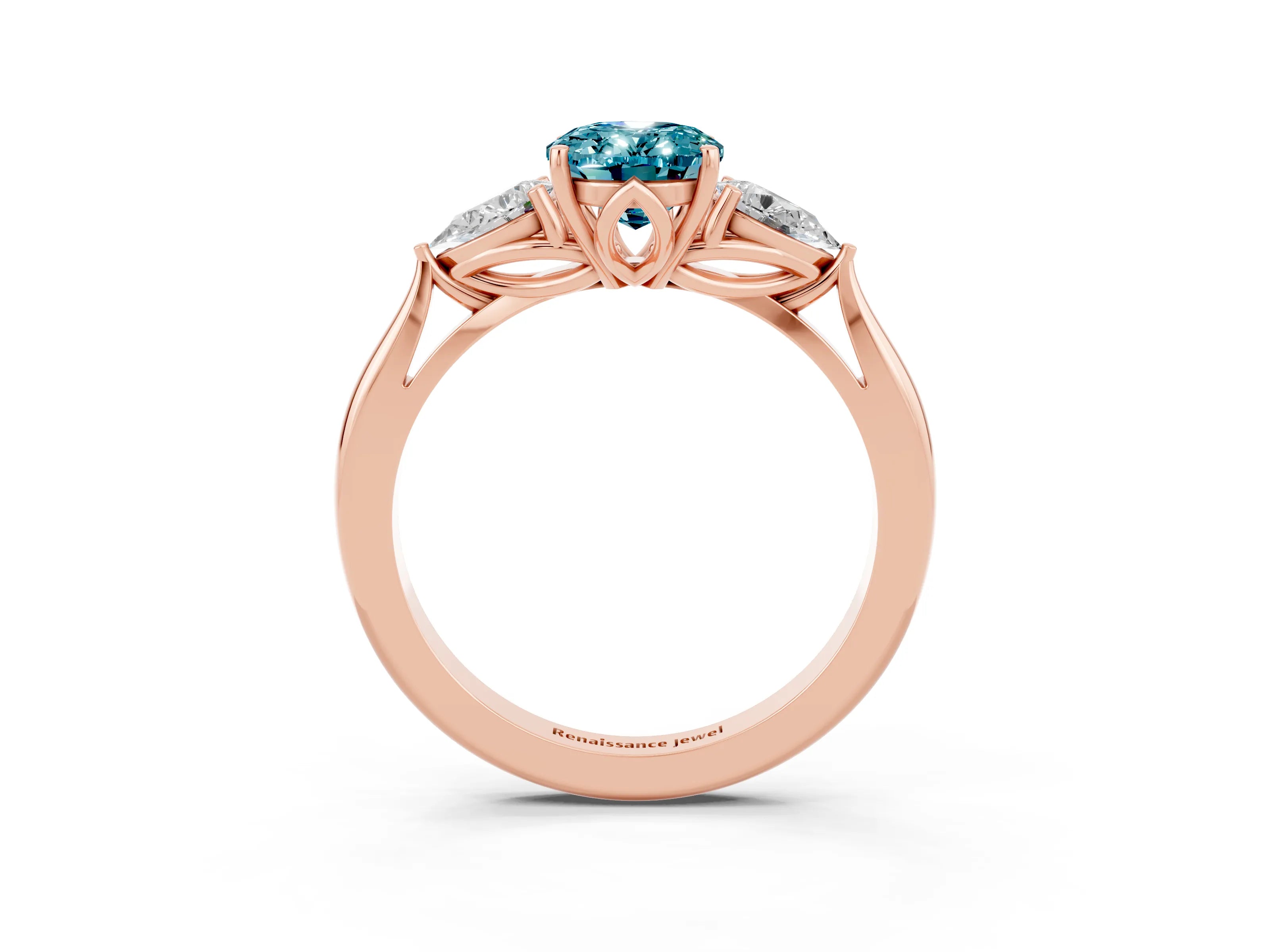 Rose gold Three-Stone Oval Cut Cut Diamond Ring with Pear Side Stones in Four-Prong Setting_3