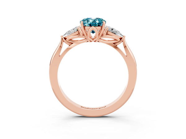 Rose gold Three-Stone Oval Cut Cut Diamond Ring with Pear Side Stones in Four-Prong Setting