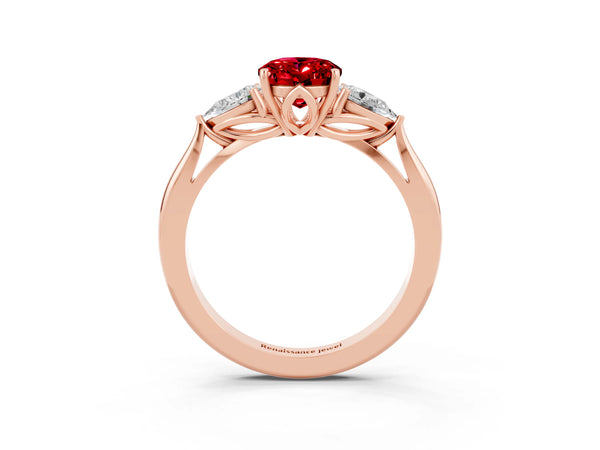 Rose gold Three-Stone Oval Cut Cut Diamond Ring with Pear Side Stones in Four-Prong Setting