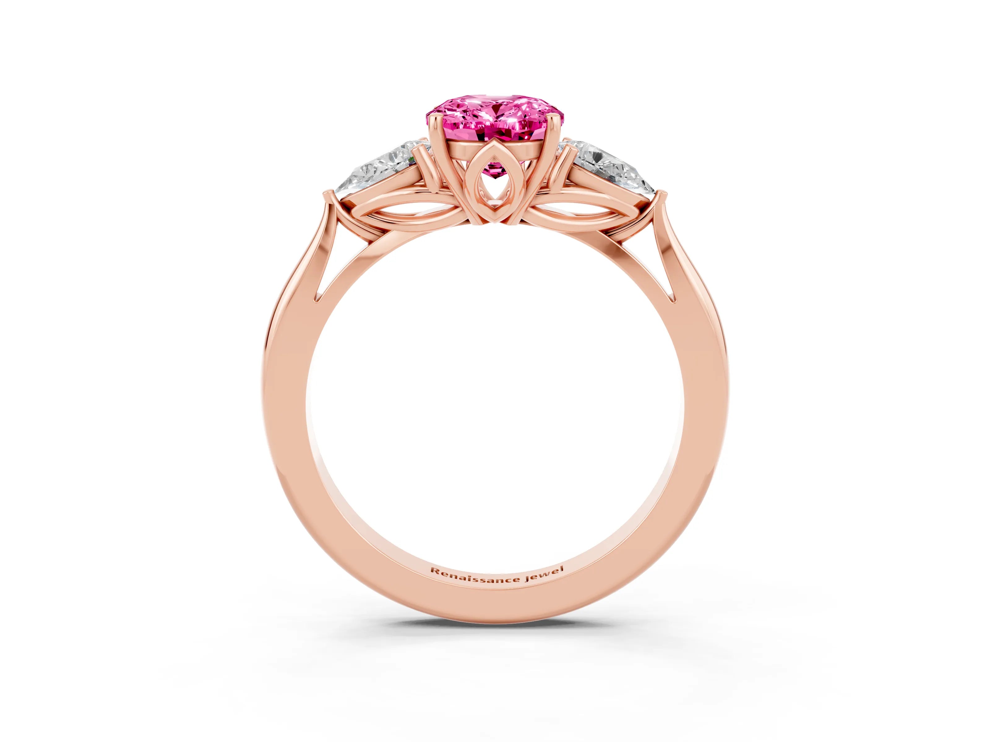 Rose gold Three-Stone Oval Cut Cut Diamond Ring with Pear Side Stones in Four-Prong Setting_3
