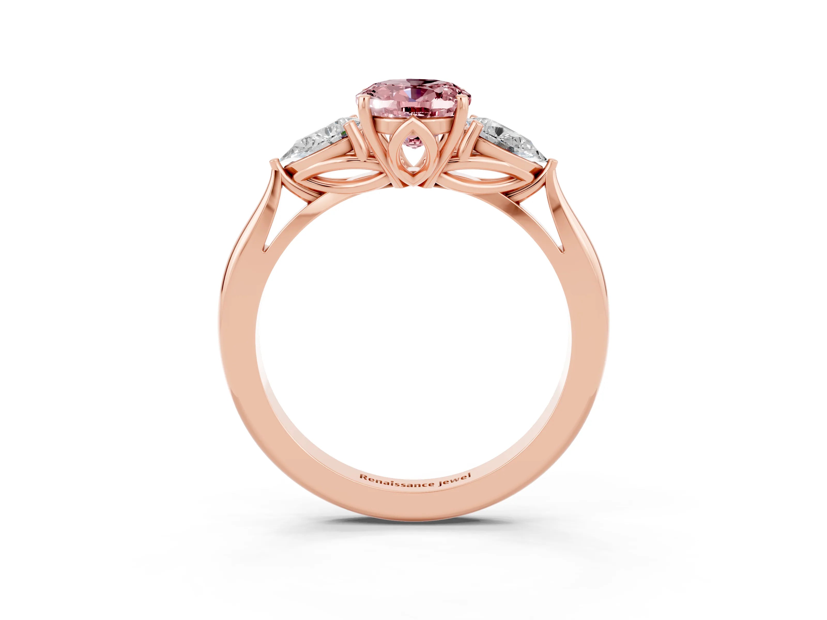 Rose gold Three-Stone Oval Cut Cut Diamond Ring with Pear Side Stones in Four-Prong Setting_3