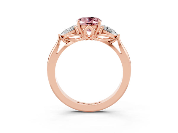 Rose gold Three-Stone Oval Cut Cut Diamond Ring with Pear Side Stones in Four-Prong Setting