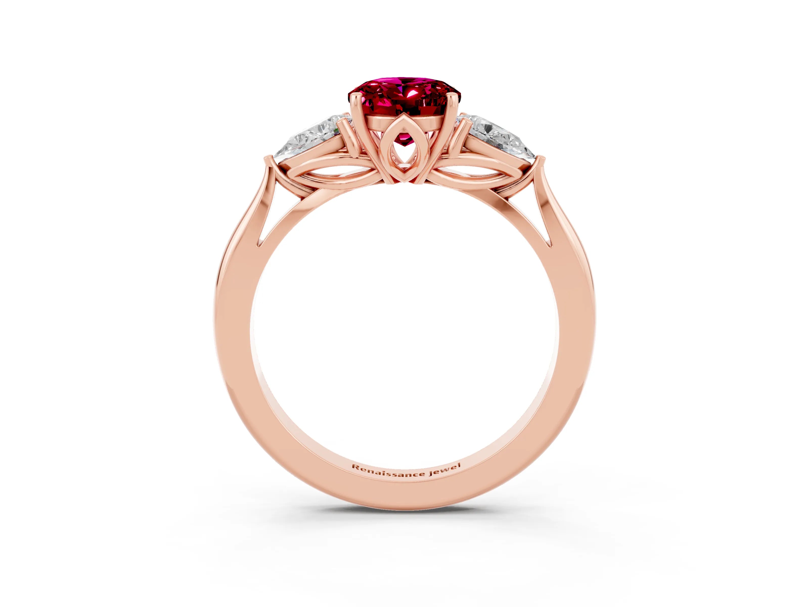 Rose gold Three-Stone Oval Cut Cut Diamond Ring with Pear Side Stones in Four-Prong Setting_3