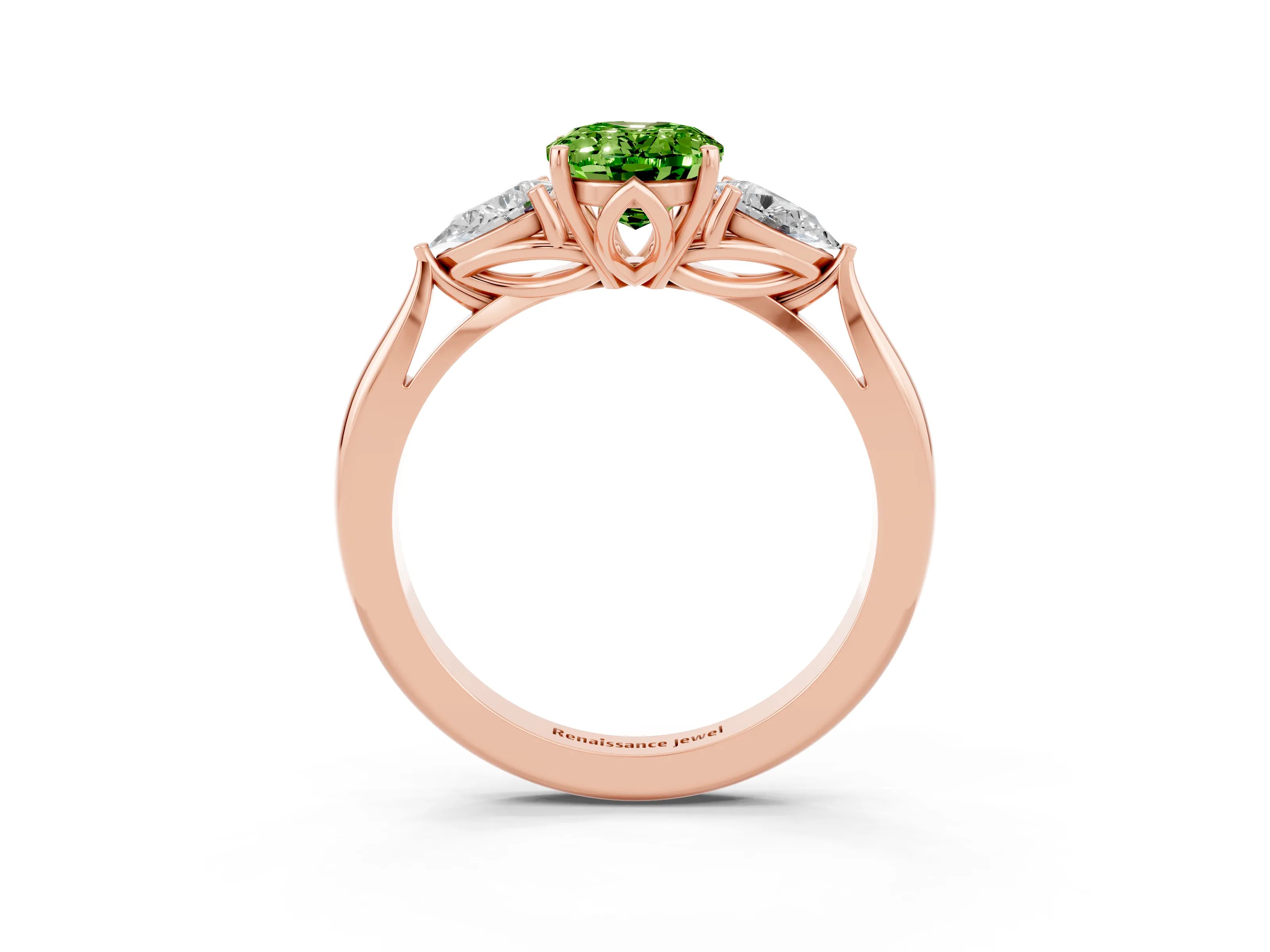 Rose gold Three-Stone Oval Cut Cut Diamond Ring with Pear Side Stones in Four-Prong Setting_3