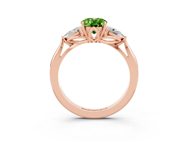 Rose gold Three-Stone Oval Cut Cut Diamond Ring with Pear Side Stones in Four-Prong Setting