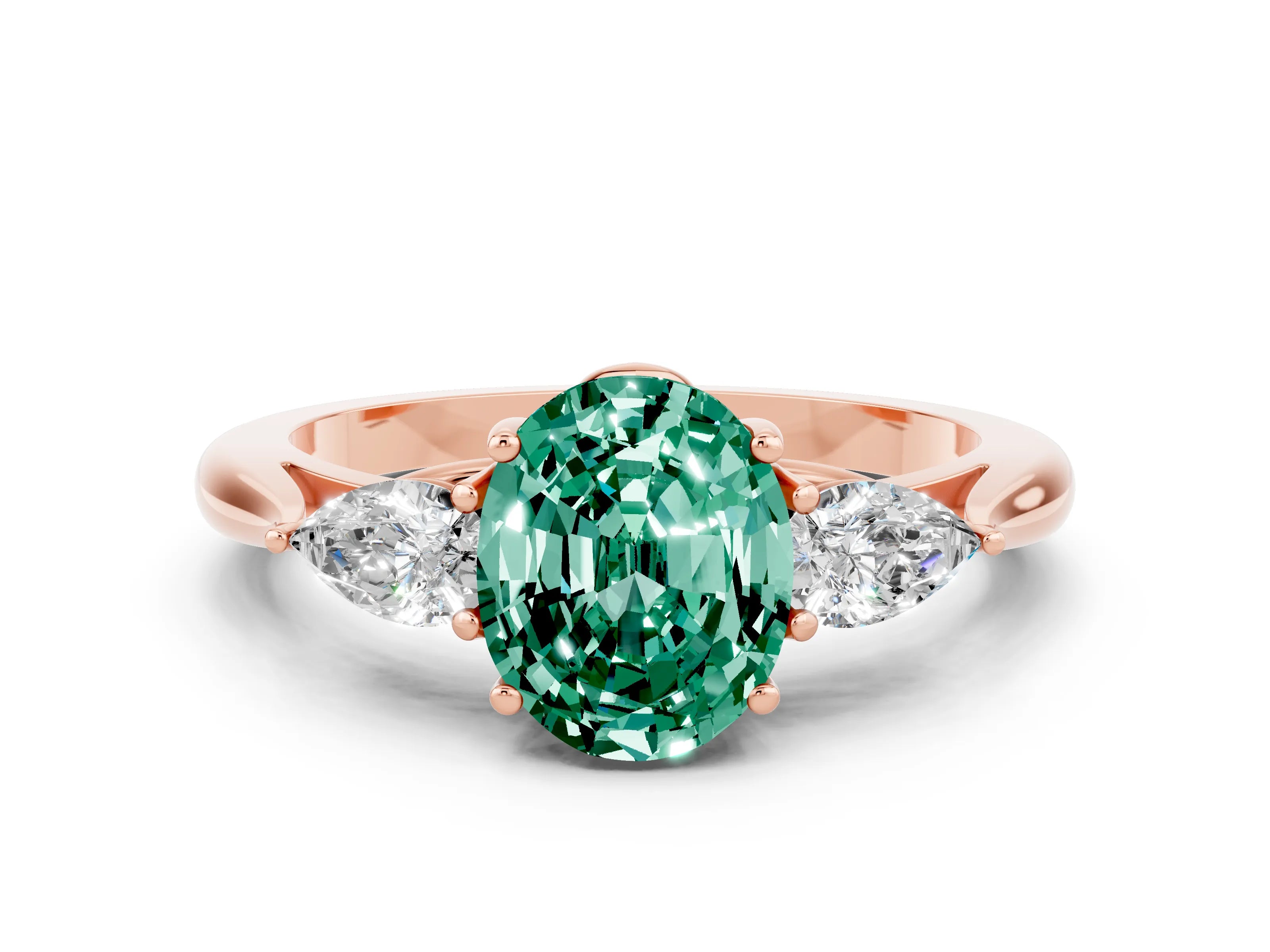 Rose gold Three-Stone Oval Cut Cut Diamond Ring with Pear Side Stones in Four-Prong Setting