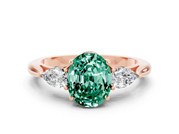 Rose gold Three-Stone Oval Cut Green Sapphire Ring with Pear  Side Stones in Four-Prong Setting