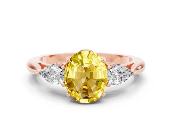 Rose gold Three-Stone Oval Cut Yellow Sapphire Ring with Pear  Side Stones in Four-Prong Setting