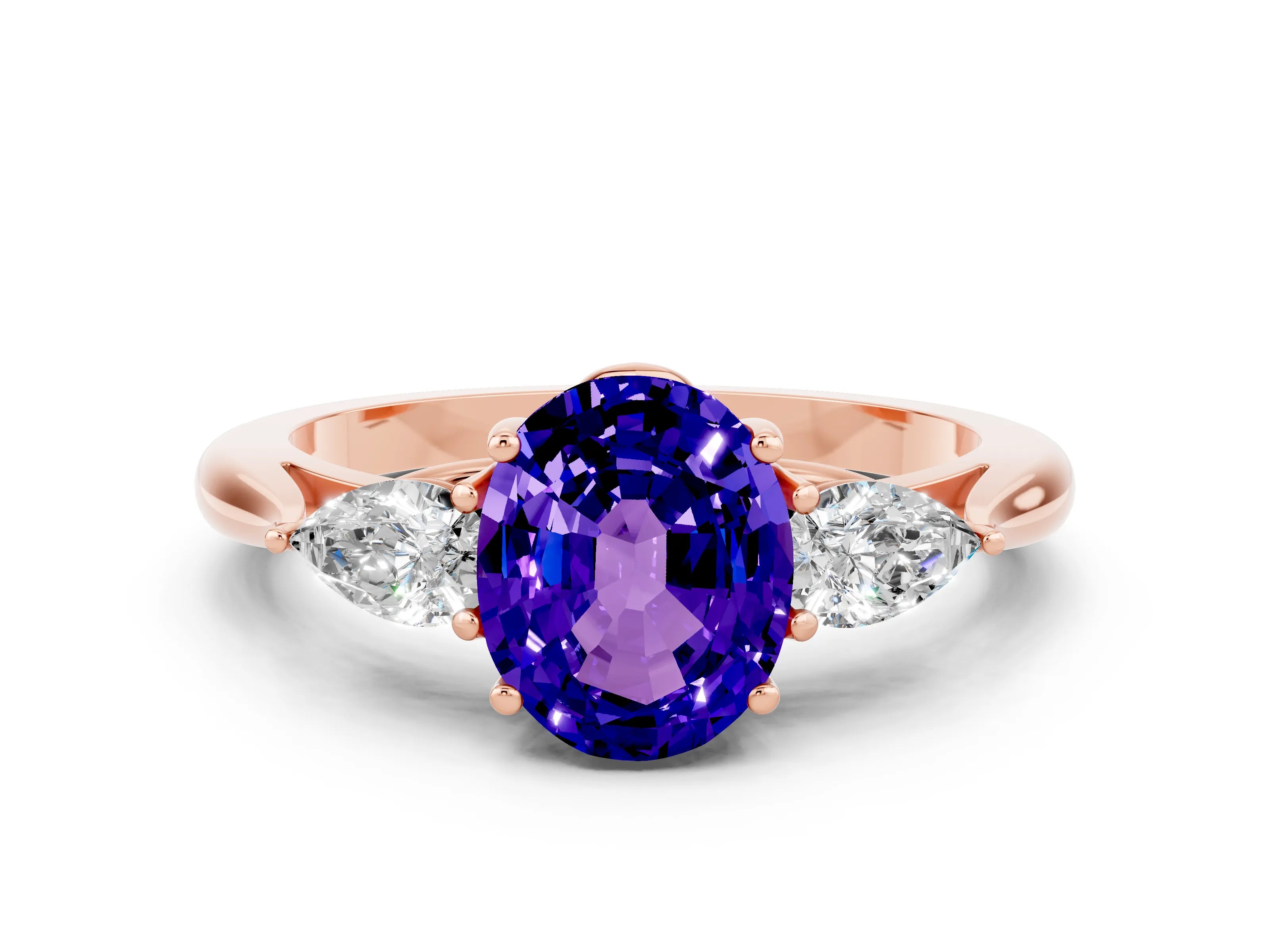 Rose gold Three-Stone Oval Cut Cut Diamond Ring with Pear Side Stones in Four-Prong Setting