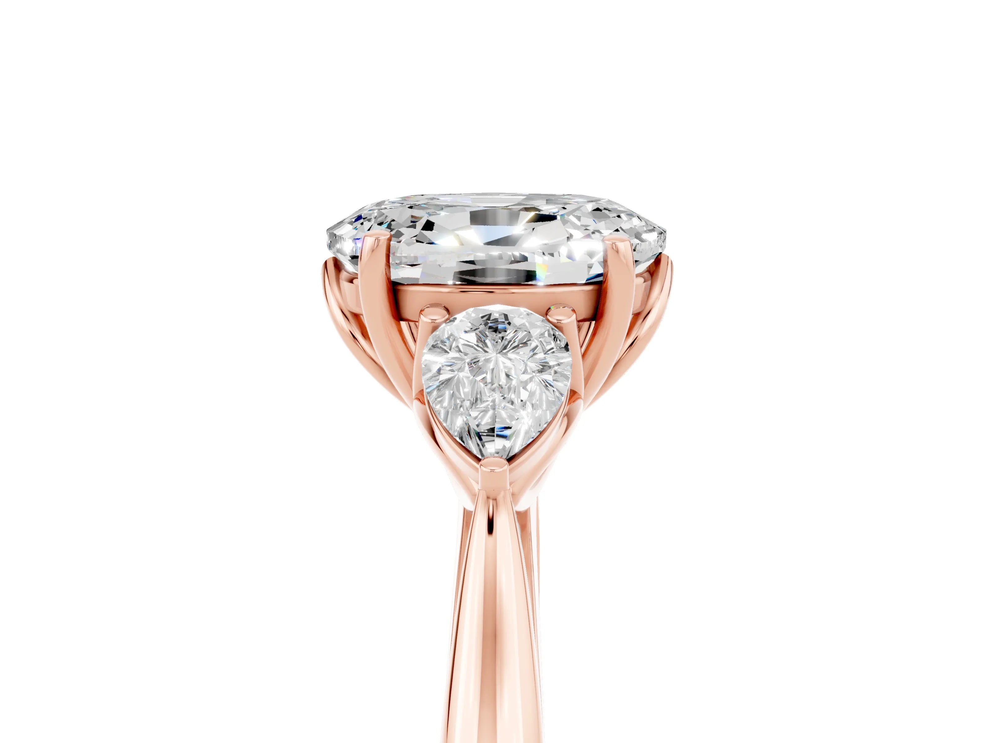 Rose gold Three-Stone Oval Cut Cut Diamond Ring with Pear Side Stones in Four-Prong Setting_5
