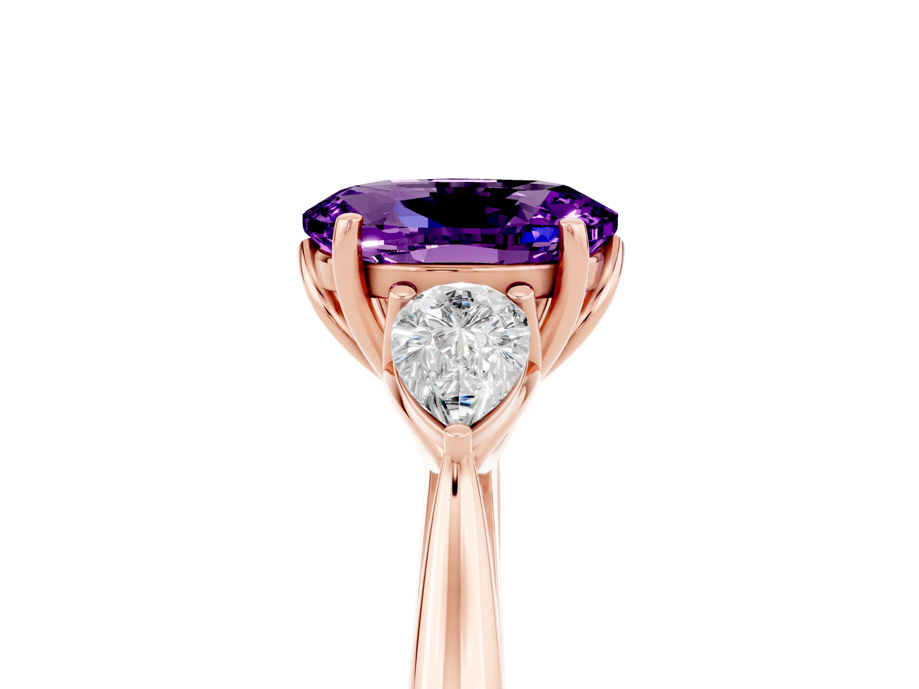 Rose gold Three-Stone Oval Cut Cut Diamond Ring with Pear Side Stones in Four-Prong Setting_5