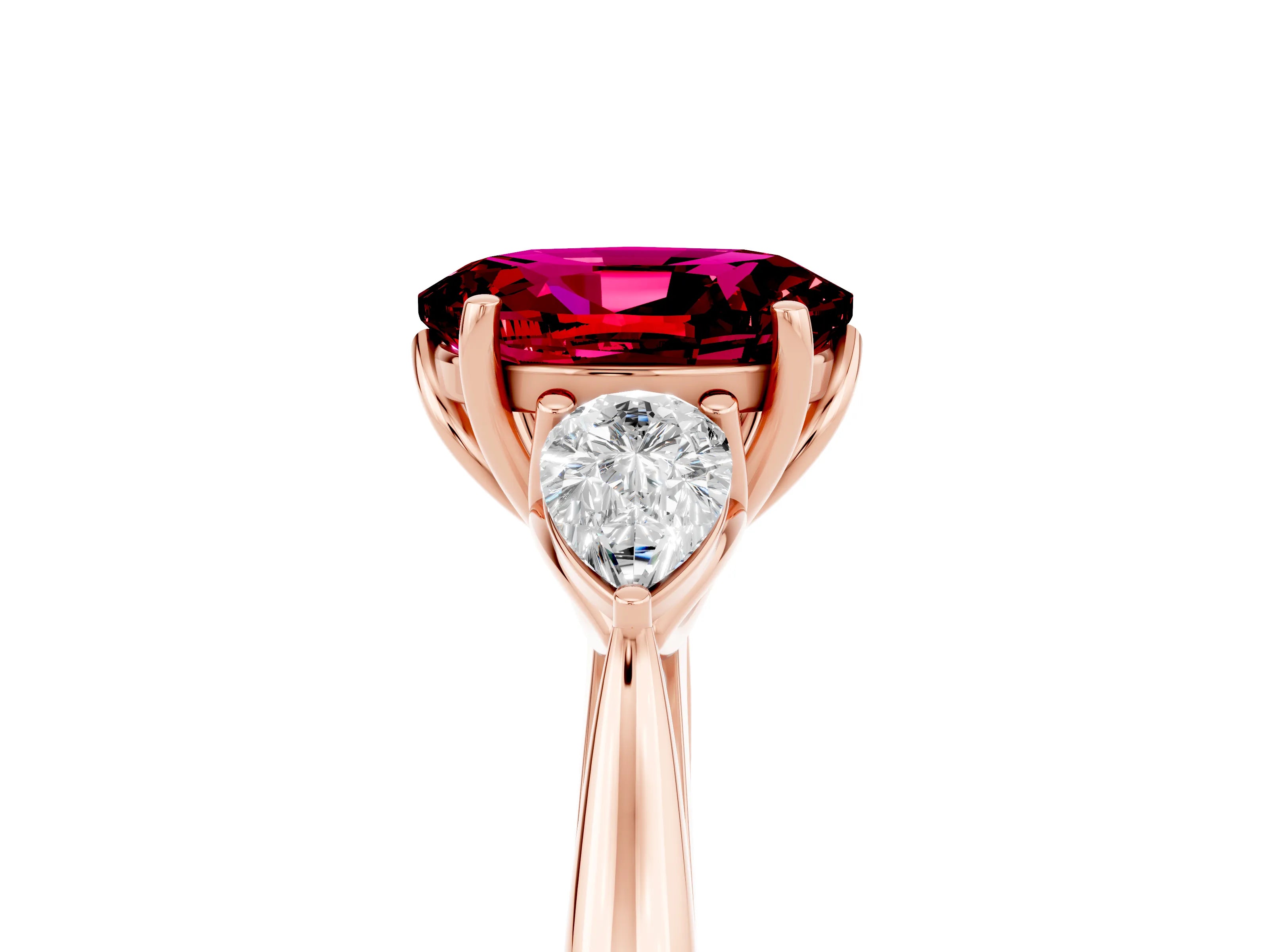 Rose gold Three-Stone Oval Cut Cut Diamond Ring with Pear Side Stones in Four-Prong Setting_5