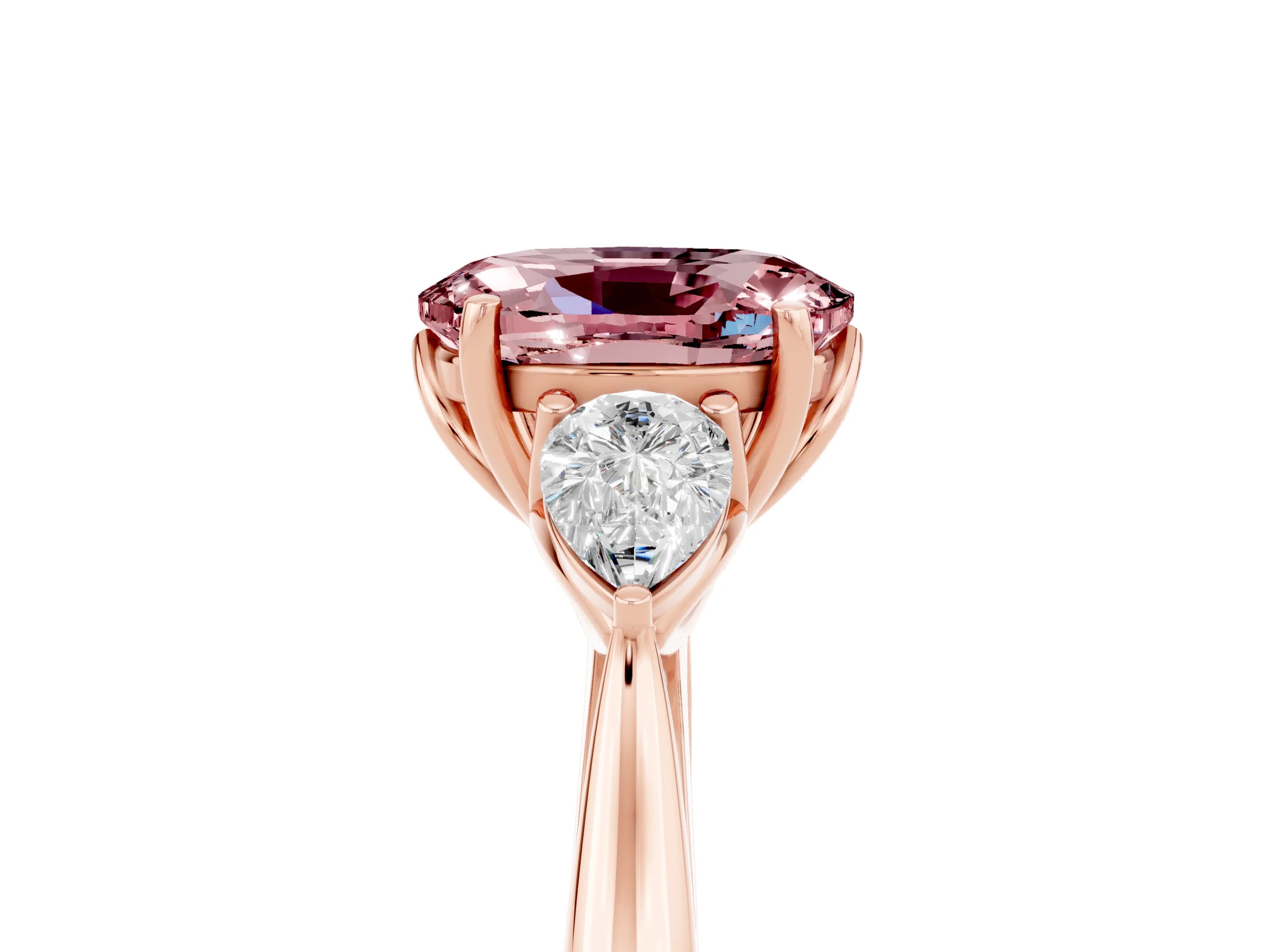 Rose gold Three-Stone Oval Cut Cut Diamond Ring with Pear Side Stones in Four-Prong Setting_5