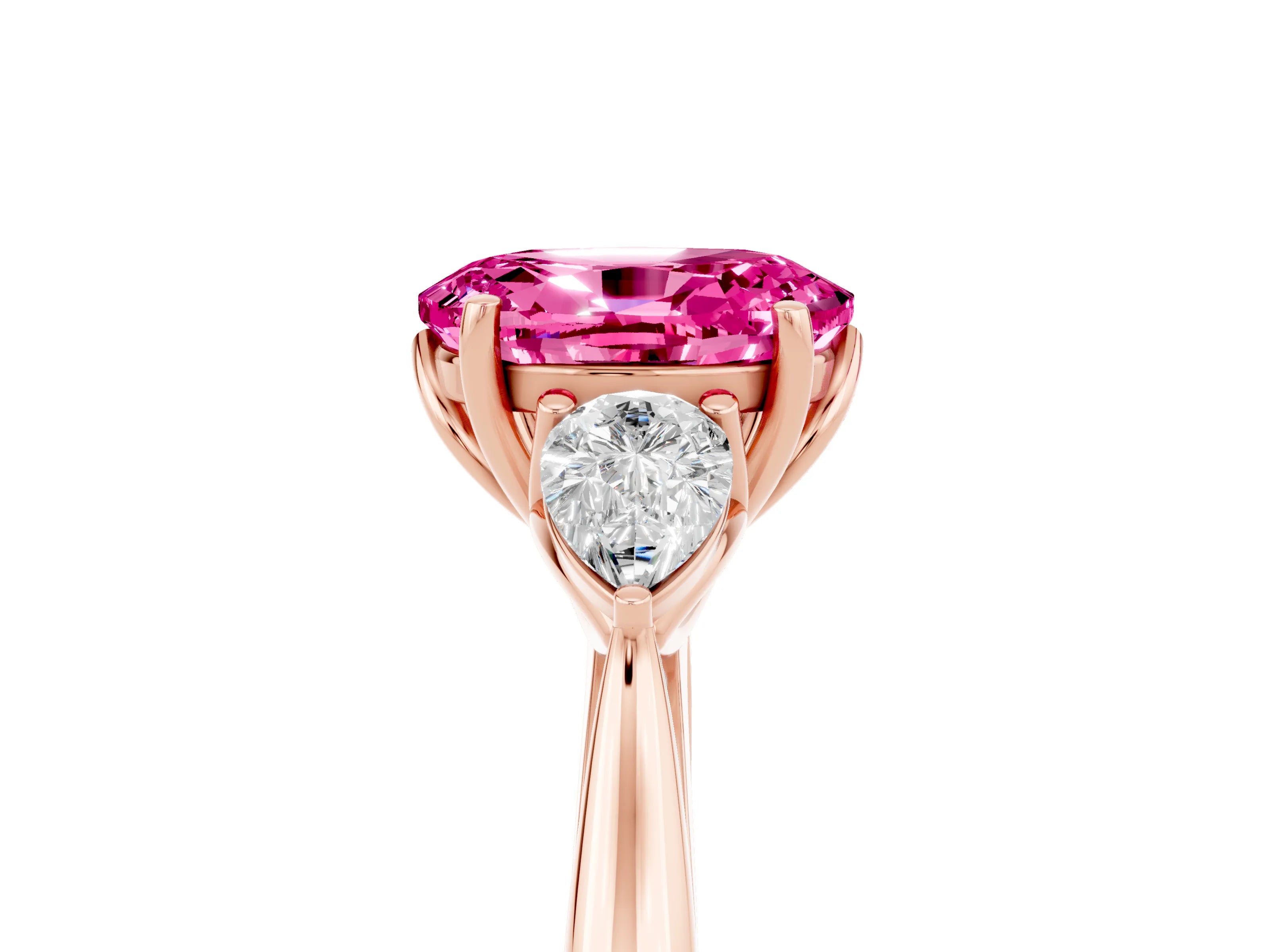 Rose gold Three-Stone Oval Cut Cut Diamond Ring with Pear Side Stones in Four-Prong Setting_5