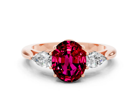 Rose gold Three-Stone Oval Cut Cut Diamond Ring with Pear Side Stones in Four-Prong Setting