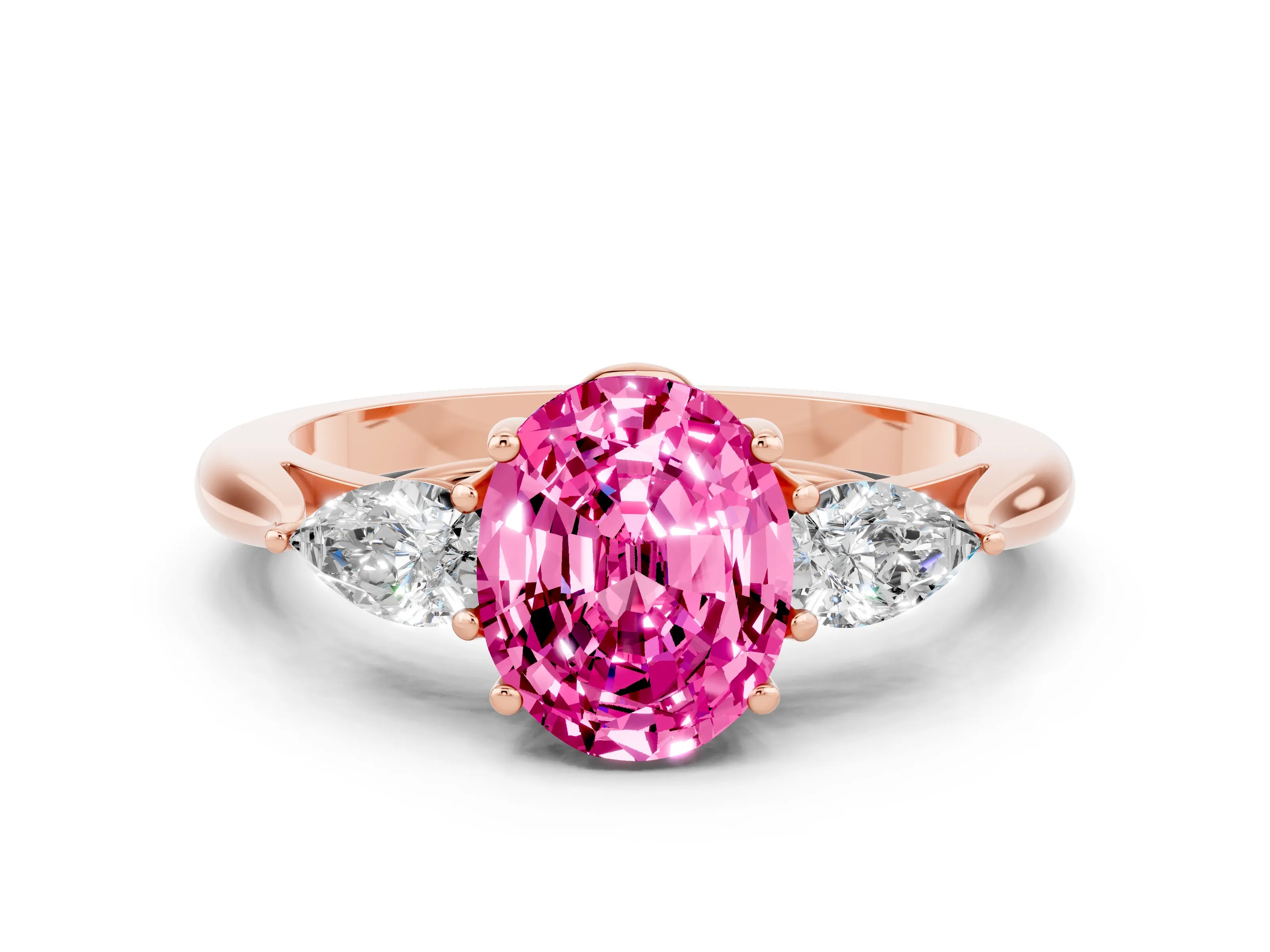 Rose gold Three-Stone Oval Cut Cut Diamond Ring with Pear Side Stones in Four-Prong Setting