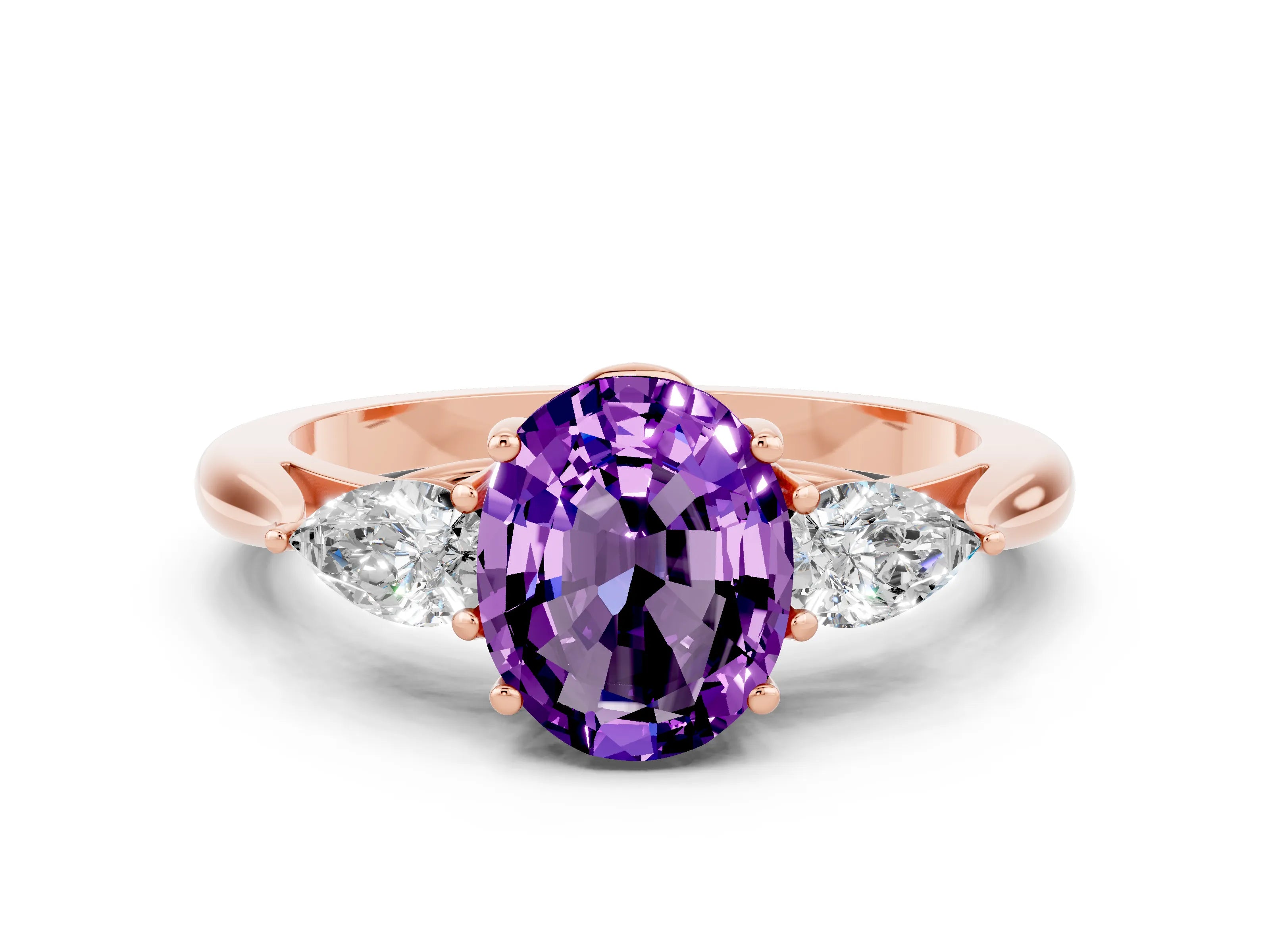 Rose gold Three-Stone Oval Cut Cut Diamond Ring with Pear Side Stones in Four-Prong Setting