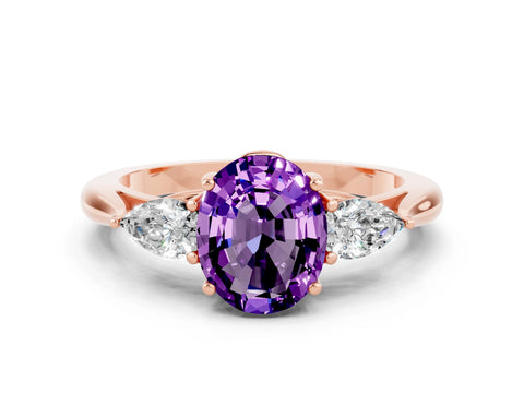 Rose gold Three-Stone Oval Cut Cut Diamond Ring with Pear Side Stones in Four-Prong Setting