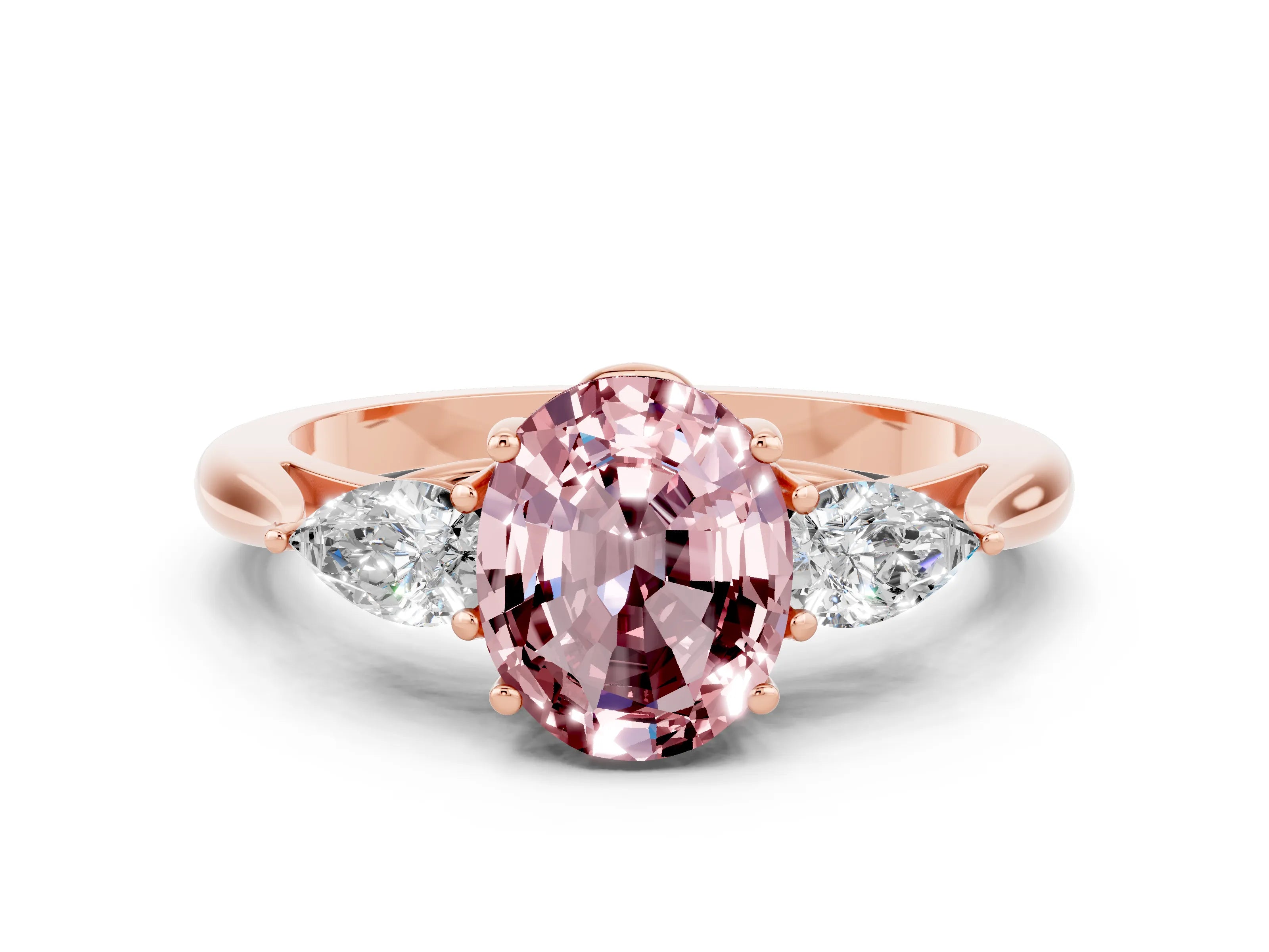 Rose gold Three-Stone Oval Cut Cut Diamond Ring with Pear Side Stones in Four-Prong Setting