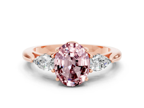 Rose gold Three-Stone Oval Cut Cut Diamond Ring with Pear Side Stones in Four-Prong Setting