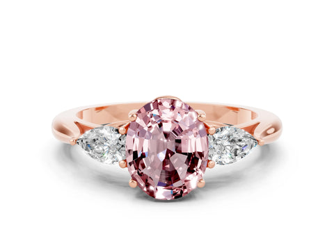 Rose gold Three-Stone Oval Cut Cut Diamond Ring with Pear Side Stones in Four-Prong Setting