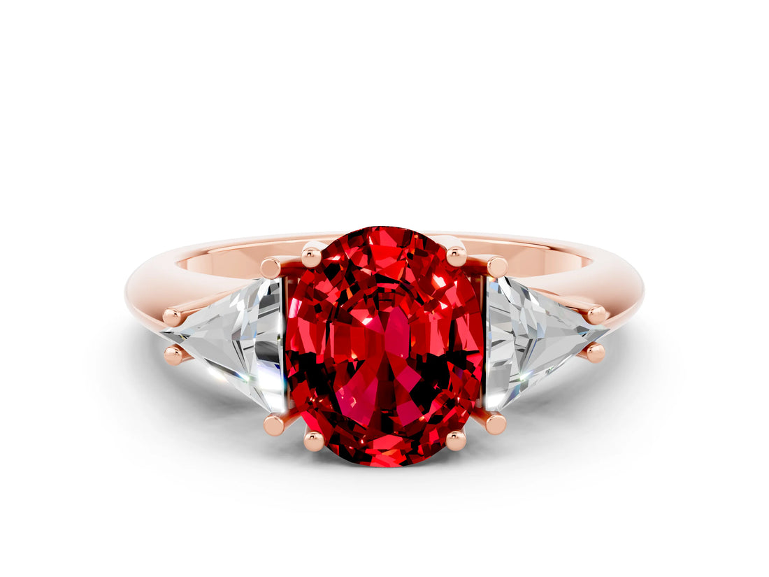 Rose gold Three-Stone Oval Cut Cut Diamond Ring with Trillion Side Stones and Four-Prong Setting