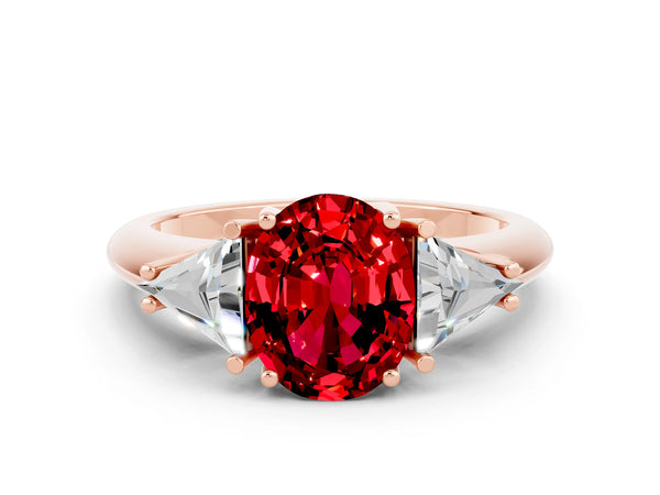 Rose gold Three-Stone Oval Cut Cut Diamond Ring with Trillion Side Stones and Four-Prong Setting