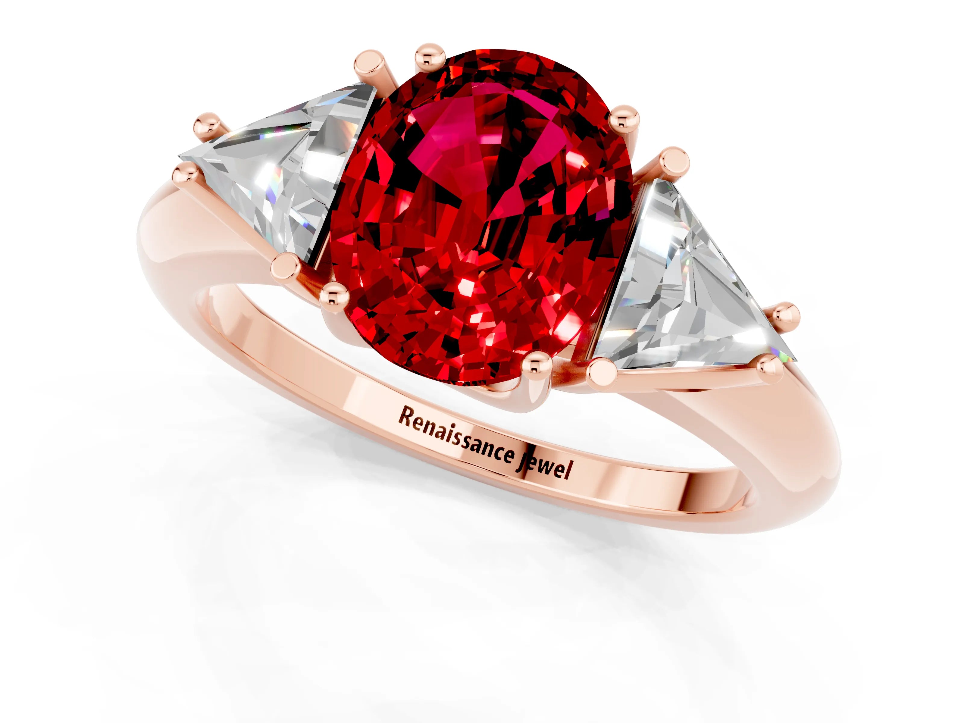 Rose gold Three-Stone Oval Cut Cut Diamond Ring with Trillion Side Stones and Four-Prong Setting_1