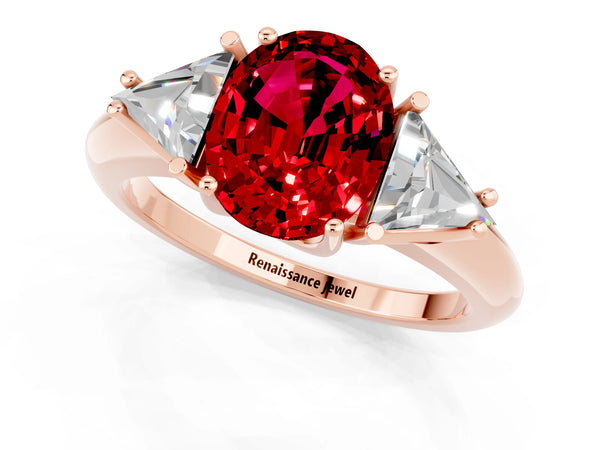 Rose gold Three-Stone Oval Cut Cut Diamond Ring with Trillion Side Stones and Four-Prong Setting