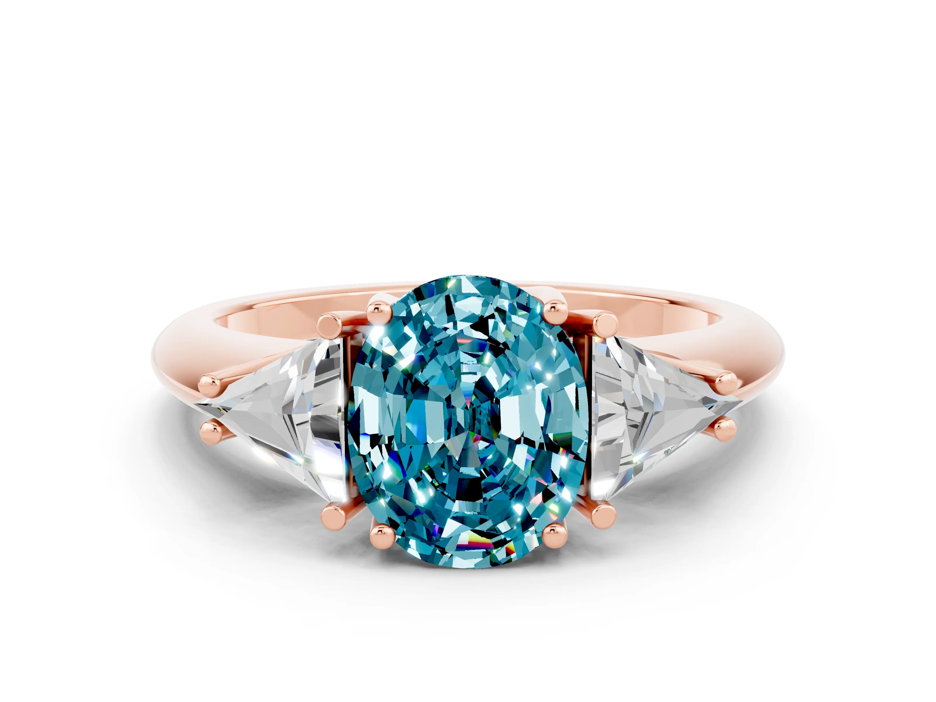 Rose gold Three-Stone Oval Cut Cut Diamond Ring with Trillion Side Stones and Four-Prong Setting