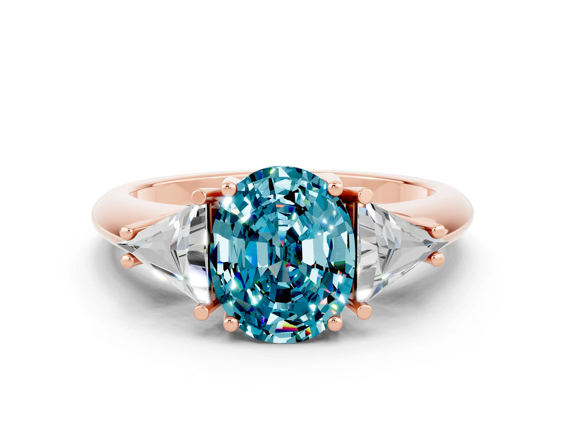 Rose gold Three-Stone Oval Cut Cut Diamond Ring with Trillion Side Stones and Four-Prong Setting