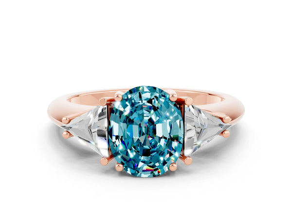 Rose gold Three-Stone Oval Cut Cut Diamond Ring with Trillion Side Stones and Four-Prong Setting