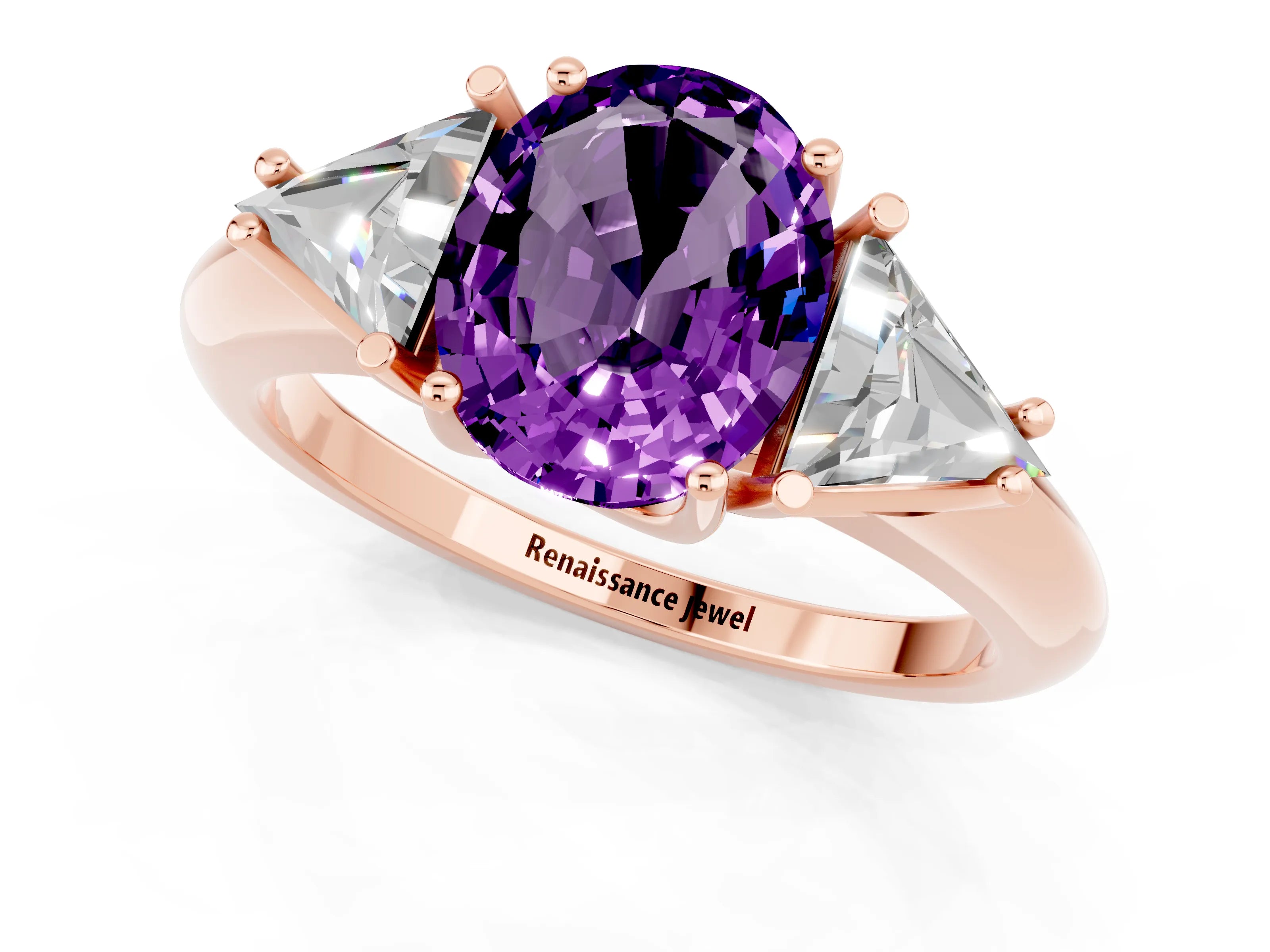 Rose gold Three-Stone Oval Cut Cut Diamond Ring with Trillion Side Stones and Four-Prong Setting_1