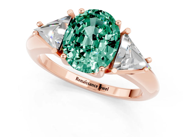 Rose gold Three-Stone Oval Cut Green Sapphire Engagement Ring with Trillion Side Stones and Prong Setting