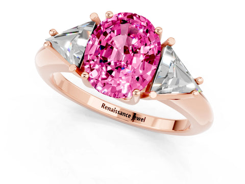Rose gold Three-Stone Oval Cut Cut Diamond Ring with Trillion Side Stones and Four-Prong Setting_1