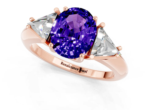 Rose gold Three-Stone Oval Cut Cut Diamond Ring with Trillion Side Stones and Four-Prong Setting_1