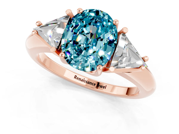 Rose gold Three-Stone Oval Cut Cut Diamond Ring with Trillion Side Stones and Four-Prong Setting