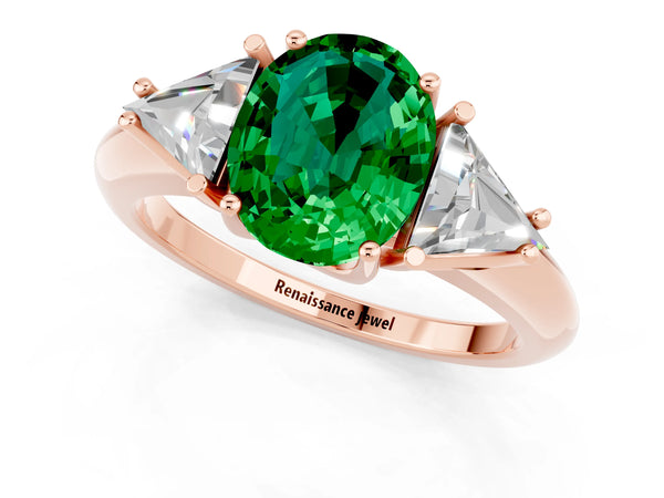 Rose gold Three-Stone Oval Cut Emerald Engagement Ring with Trillion Side Stones and Prong Setting