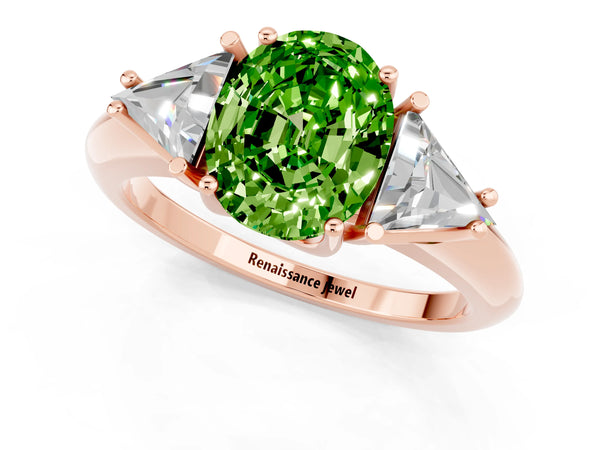 Rose gold Three-Stone Oval Cut Cut Diamond Ring with Trillion Side Stones and Four-Prong Setting