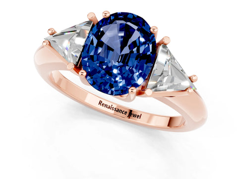 Rose gold Three-Stone Oval Cut Cut Diamond Ring with Trillion Side Stones and Four-Prong Setting_1