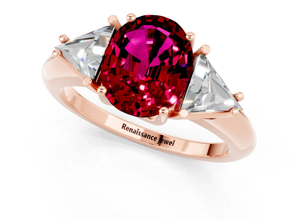 Rose gold Three-Stone Oval Cut Garnet Engagement Ring with Trillion Side Stones and Prong Setting