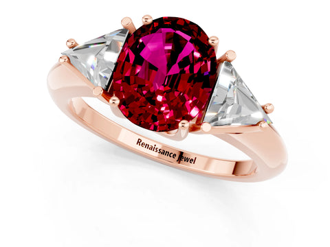 Rose gold Three-Stone Oval Cut Cut Diamond Ring with Trillion Side Stones and Four-Prong Setting_1